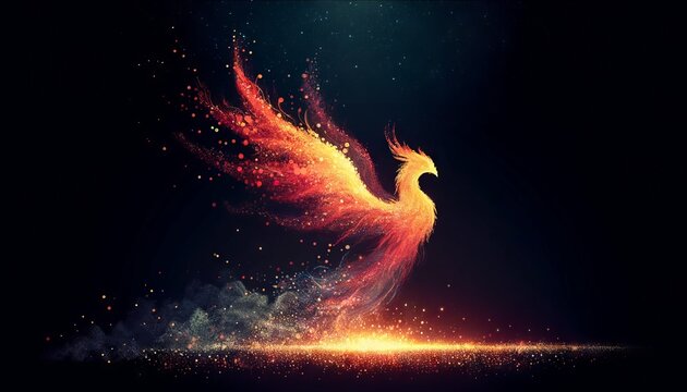 An illustration of a phoenix silhouette arising from a base of scattered light particles, symbolizing rebirth or new beginnings in a digital realm.