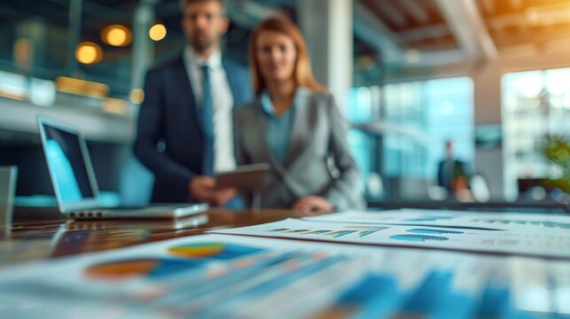 Focused business professionals analyzing charts and data during a corporate strategy meeting. - Powered by Adobe