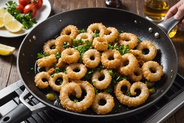 Calamari is being fried on a pan