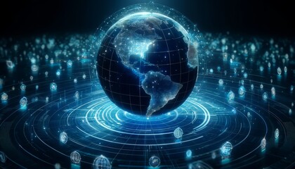 A digital globe with continents outlined in radiant blue lines spinning slowly, surrounded by a field of floating digital information nodes.