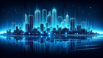 A city skyline at night, where the buildings are outlined in dynamic blue neon light, reflecting on a smooth body of water. - Powered by Adobe