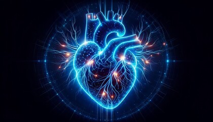 A human heart depicted as a network of pulsing blue light veins and arteries, centered in a dark space to symbolize the essence of life in technology.