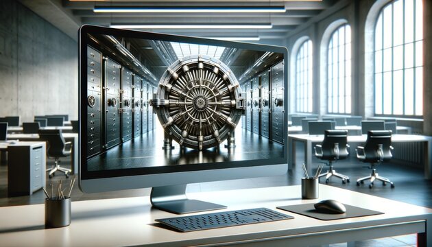 An office environment featuring a widescreen computer monitor displaying a vivid and intricate 3D model of a highly detailed, metallic vault door.