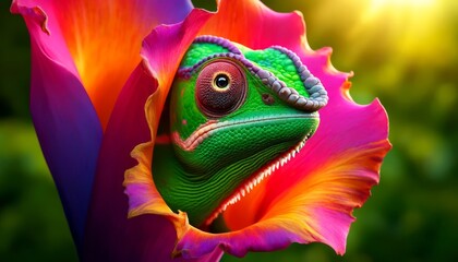 A detailed and well-focused image of a chameleon poking its head through a tear in a vibrant, colorful flower petal.