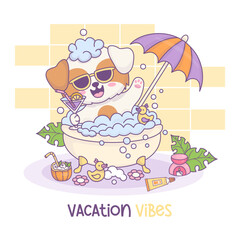 Charming relaxed, sunglass-wearing cartoon dog soaking in bubble bath with drink, under sun umbrella. Whimsical sunny vacation atmosphere at home in bathroom with animal character. Vector illustration