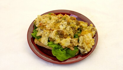 Homemade potato bake and leftover vegetable stew on toast with fresh lettuce as a midday snack