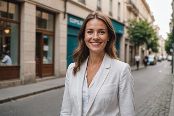 Smiling woman standing in street wearing white linen suit