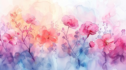 Abstract watercolor background with sakura flowers. Hand-drawn illustration
