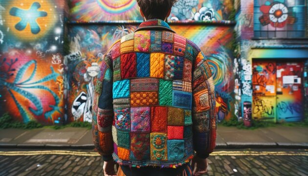 A person standing with their back turned to the viewer, wearing a vibrant, multicolor patchwork jacket.