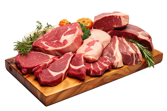 fresh raw red beef meat big steak chunk on wooden cut board isolated on PNG Background. Generative Ai.