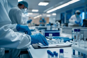 Modern laboratory with busy scientific researchers