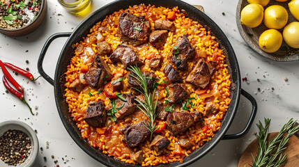 Paella, professional food photography, saffron aromatic rice, chunks of veal, a traditional paella pan.  - obrazy, fototapety, plakaty