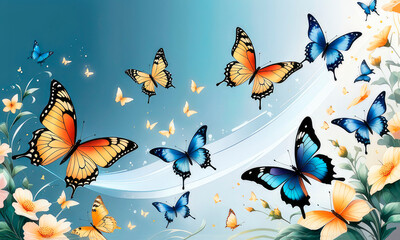 Fluttering delicate butterflies in vibrant colors flying and blue splashes.