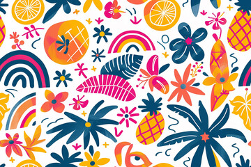 Vibrant tropical pattern with fruits and florals on white