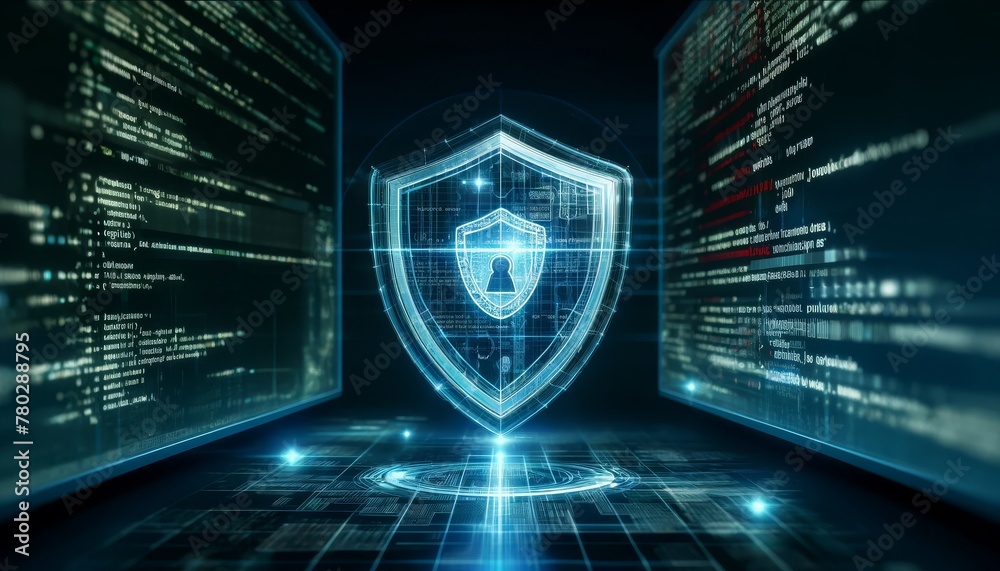 Wall mural a computer screen filled with code, with a large digital shield icon in the foreground symbolizing a