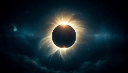 A close-up shot of a solar eclipse with the sun's corona vividly visible around the moon's silhouette, against a deep, starry sky background.