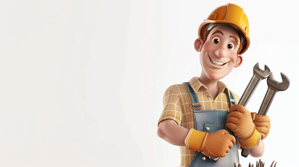 white background with space for text, and on the sides, feature a single cartoon character holding tools as a craftsman