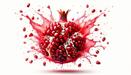 A close-up of a pomegranate seed explosion with droplets of red juice bursting out against a stark white background.