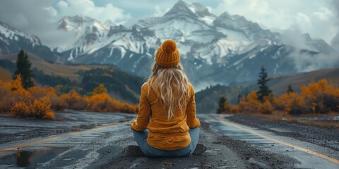 Girl sitting on an empty road looking at the snow capped mountains.
