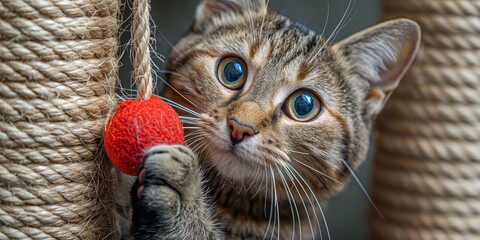Cat playing on scratching post with a red ball