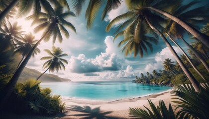 Palm trees framing a serene beach, with crystal blue waters and a clear sky dotted with fluffy clouds.
