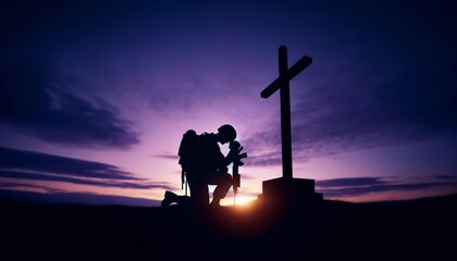 A silhouette of a soldier standing in front of a cross, head bowed in prayer, during a serene twilight.