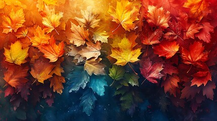 A vibrant, digital art piece featuring a collage of deciduous leaves from oak to maple, capturing the spectrum of colors through the seasons.