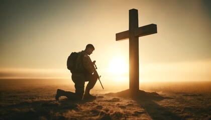 A solitary soldier in contemporary military uniform kneeling before a large wooden cross at sunrise, with the sunlight casting a warm and peaceful.