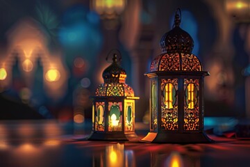 Happy Ramadan Kareem. 3d mockup of mosque, lantern, geometric arabic pattern for background, sale poster, or greeting card. - obrazy, fototapety, plakaty