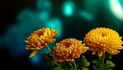 A close-up on a trio of golden chrysanthemums with a glossy finish, set against a backdrop of blurred teal and midnight blue foliage.