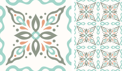 Fototapeta premium Cute scandinavian style ethnic seamless pattern. Hugge and calm hand drawn design. Moroccan tile. Mexican Spanish Talavera. Endless swatch with arabesque.