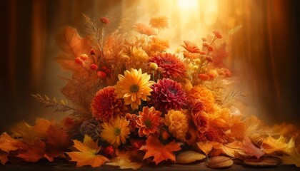 A close-up image capturing the enchanting beauty of a composition of fall leaves and flowers.