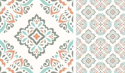 Cute scandinavian style ethnic seamless pattern. Hugge and calm hand drawn design. Moroccan tile. Mexican Spanish Talavera. Endless swatch with arabesque.