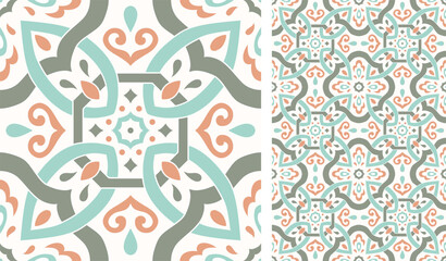 Cute scandinavian style ethnic seamless pattern. Hugge and calm hand drawn design. Moroccan tile. Mexican Spanish Talavera. Endless swatch with arabesque.
