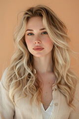 Naklejka premium woman with blonde luxurious long hair extensions, light pale peach background, glam photoshoot, empty copy space