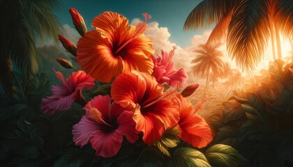An artistic close-up of vibrant hibiscus flowers in a tropical setting, showcasing a rich palette of reds and oranges. - Powered by Adobe