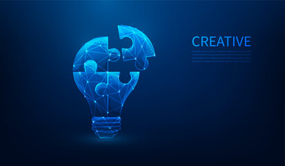 lightbulb jigsaw puzzle low poly wireframe on blue background. creative idea to success. vector illustration fantastic design.
