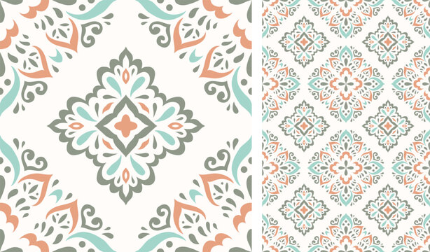 Fototapeta Cute scandinavian style ethnic seamless pattern. Hugge and calm hand drawn design. Moroccan tile. Mexican Spanish Talavera. Endless swatch with arabesque.