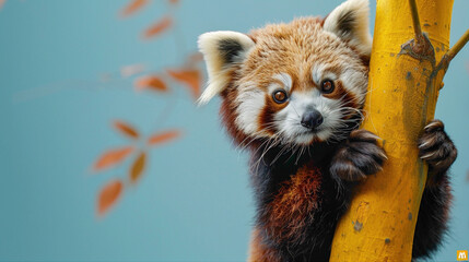 a Red panda Climbing, studio shot, against solid color background, hyperrealistic photography,...
