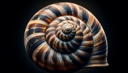 A macro, high-definition image of a snail shell with a natural spiral pattern.