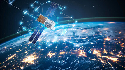 Satellit im Weltall, Digitalsierung und Telekommunikation, KI generiert - obrazy, fototapety, plakaty