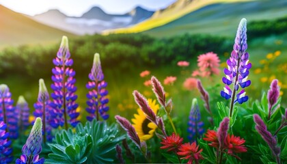 A tranquil scene of a mountain meadow in early morning light, with a close-up of colorful...