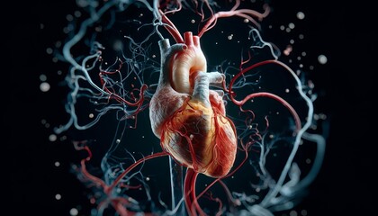A close-up illustration of a human heart, showing the intricate network of arteries and veins, with a focus on the cross-section of the atrium and ven. - obrazy, fototapety, plakaty