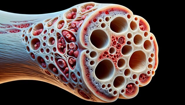 A close-up cross-section of a human bone, perhaps the femur, showing the marrow, blood supply, and the detailed structure of spongy and compact bone.