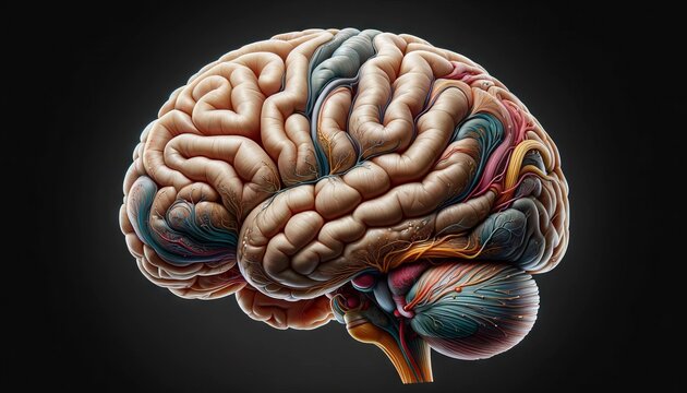 A detailed depiction of the human brain, with emphasis on the cerebral cortex, highlighting the lobes and neural pathways.