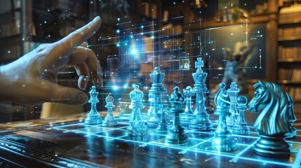 Holographic chessboard with strategic game in play, hand making a move, illuminated in a library setting