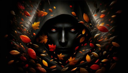 Create an image of a mysterious character enveloped in shadows, with only the piercing eyes visible amidst a backdrop of falling leaves.