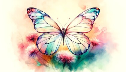 A butterfly with translucent wings resting on a flower, showcasing a kaleidoscope of colors in watercolor style.