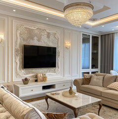 interior design of apartment, kazakh style, modern beige white colors , ornamental traditional...