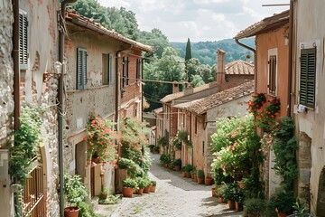 Charming and Inviting Tuscan Village Street Scene with Cozy Homes Flowers and Serene Atmosphere